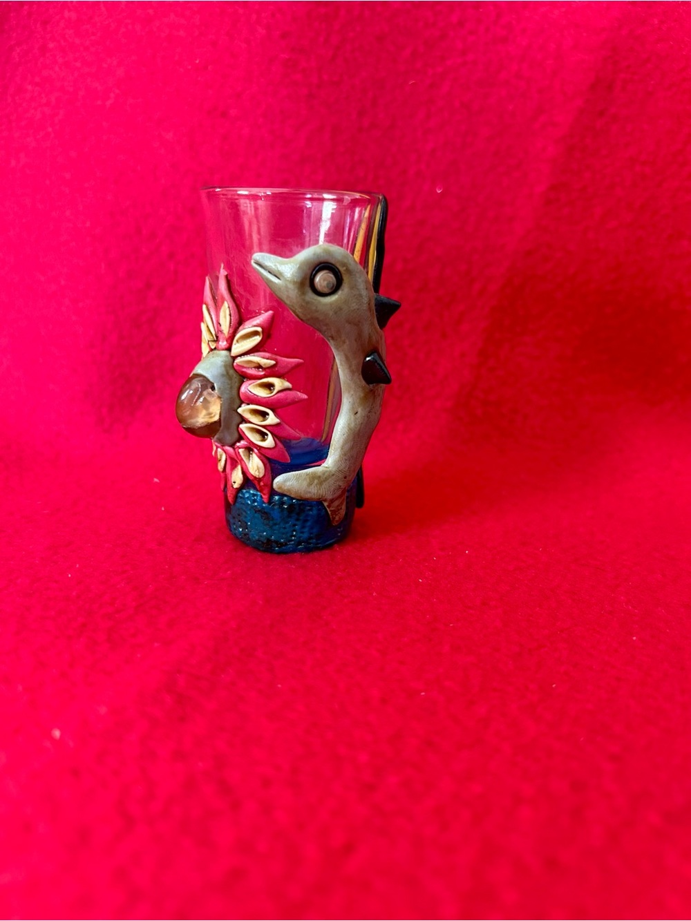 Handcrafted Dolphin Shot Glass with Sunflower Accent - Beige, Blue, Gold